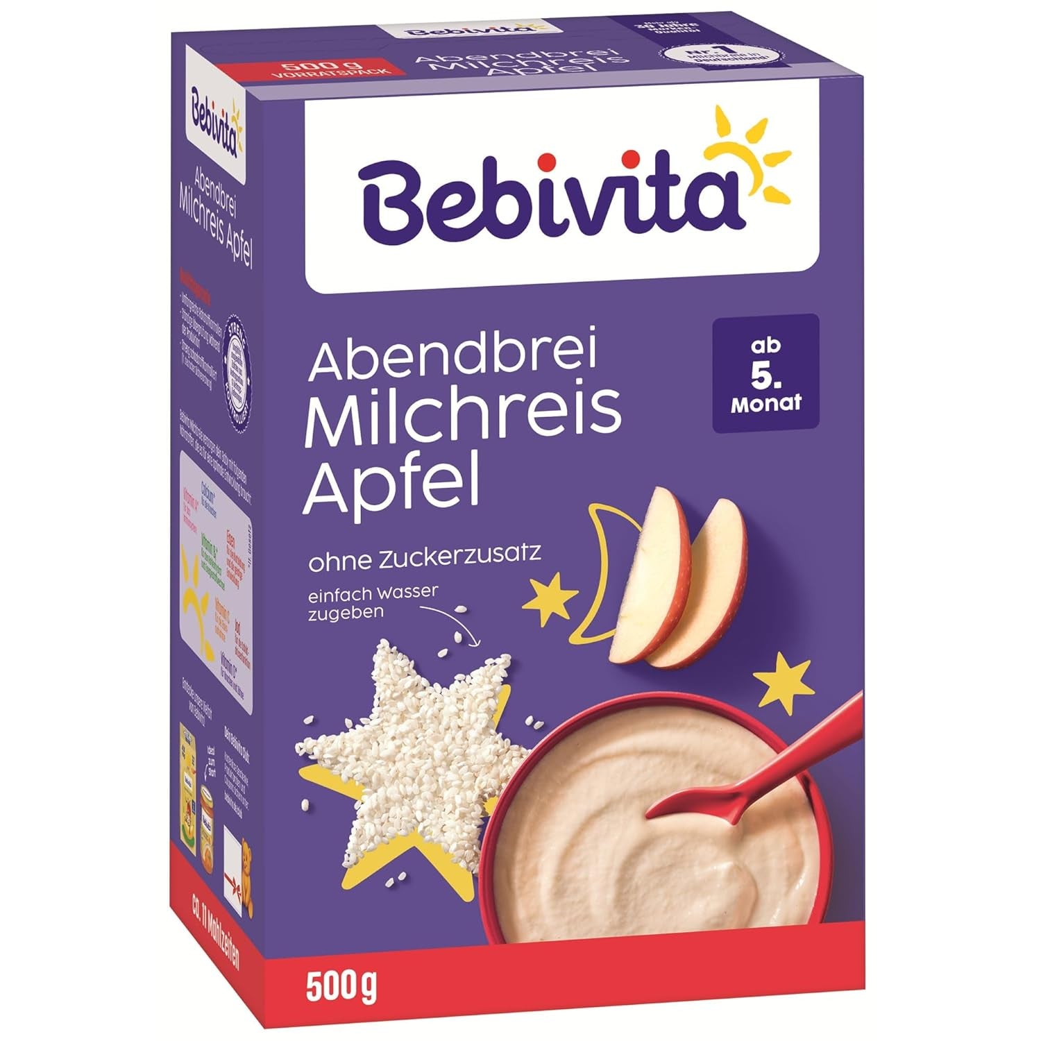 Arroz con leche con manzanas y papilla de noche (4x500 g), papilla de leche a partir de 5 meses, con valiosos minerales y vitaminas, sin azúcares añadidos, muy saciante