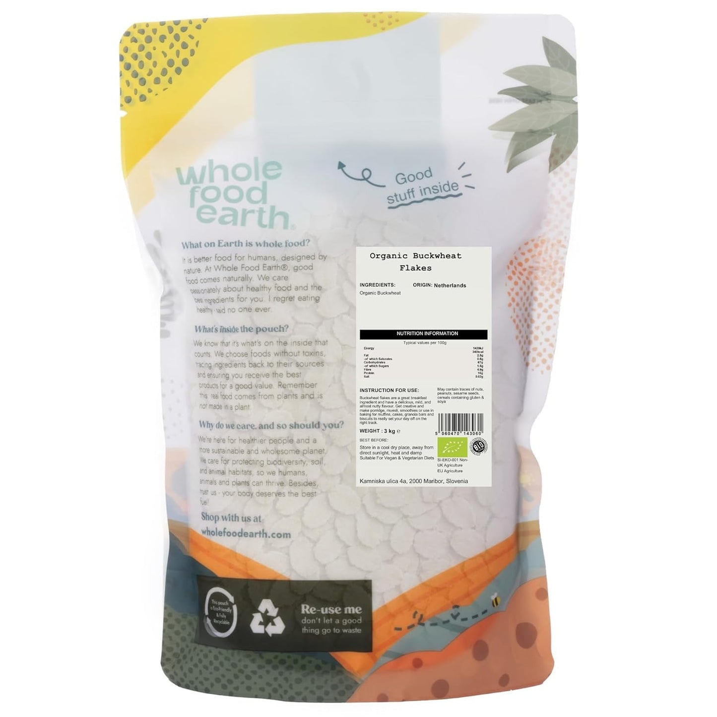 Copos de trigo sarraceno orgánico Wholefood Earth – 3 kg | Crudo | Sin OGM | Vegano | Fuente de fibra | Certificado orgánico