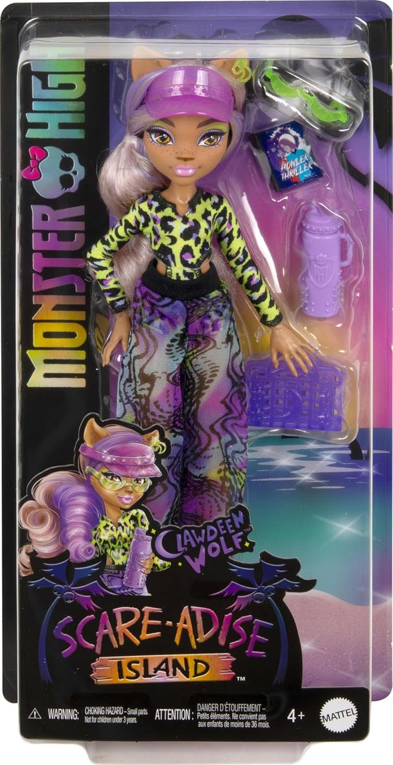 Muñeca Monster High Scare Adise Island Clawdeen Wolf con traje de baño, pantalones de jogging y accesorios de playa como visera, botella de agua y libro.