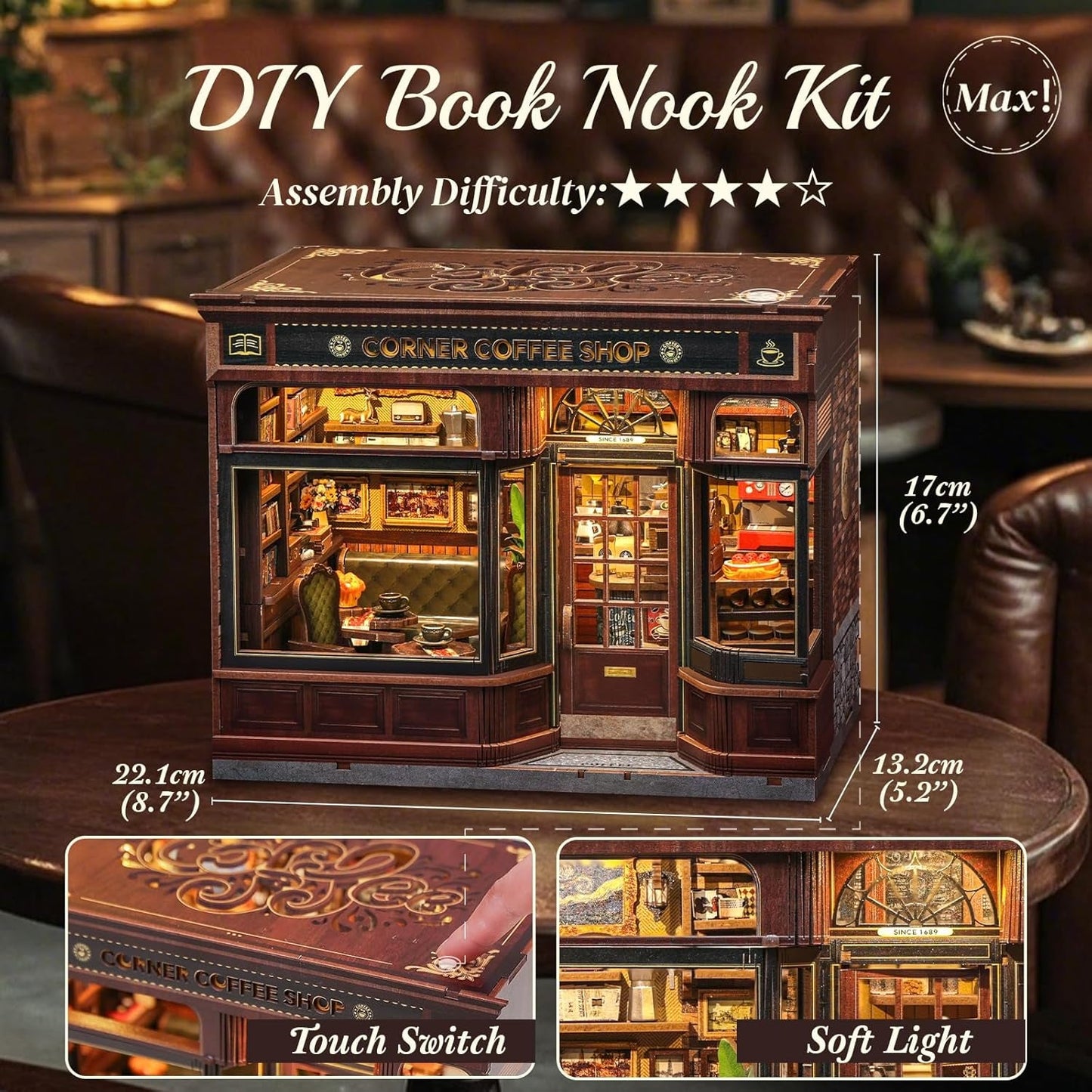 CUTEBEE Kit de esquina para libros – Casas de muñecas DIY, kit de construcción de casa en miniatura con luz LED para adultos, rompecabezas de madera 3D y soporte para libros – Decoración de estantería y regalo (café de esquina)