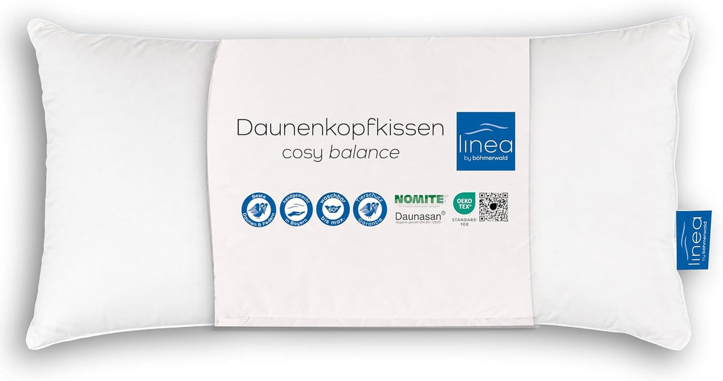 LINEA by Böhmerwald - Cosy - Almohada Balance de alta calidad, 40X80, 70% plumas clase 1, 30% plumón nuevo, apta para alergias, lavable hasta 60°C, fabricada en Alemania Naty Shop almohadas estándar Título predeterminado