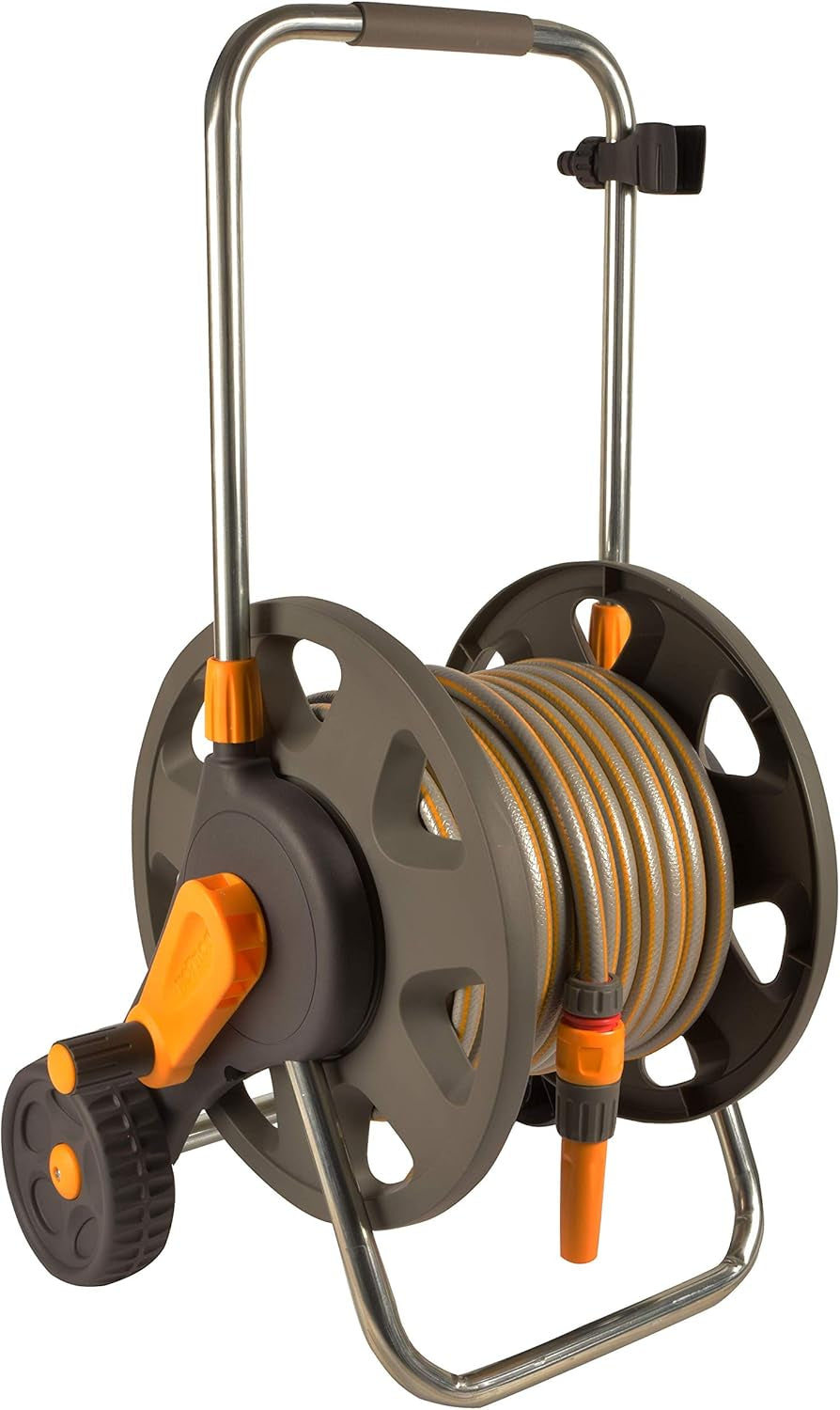 HOZELOCK - Enrollador de manguera Plus 50 M (Ø 12,5 mm) montado: Capacidad máxima 60 m, estable y robusto para uso general, montado con 50 m de manguera, 1 boquilla pulverizadora + conectores [2435R0000]