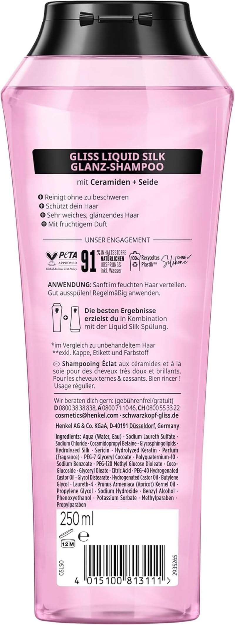 Gliss Champú Líquido Seda (250 ml), para cabello frágil y sin brillo Ducha y baño Naty Shop