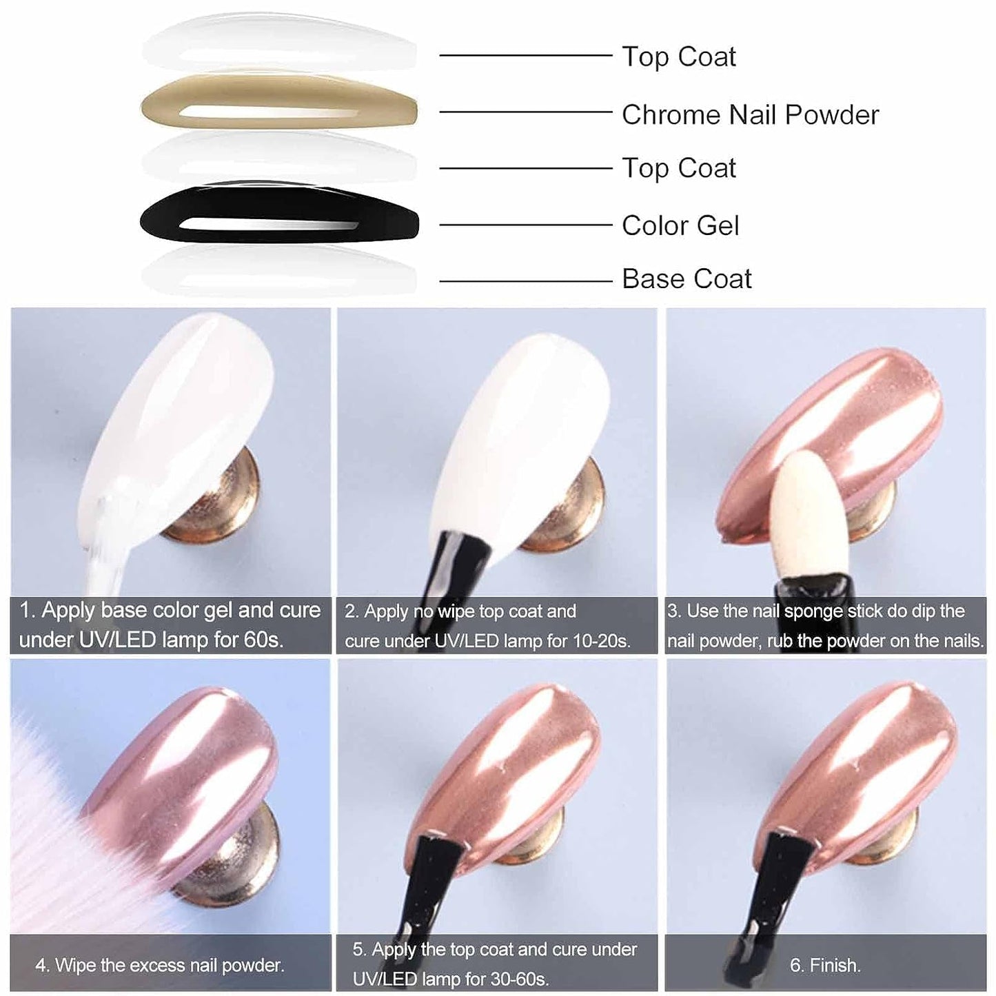 GZMAYUEN Chrom Pulver para uñas 6 colores espejo cromo uñas polvo pigmento polvo uñas arte
