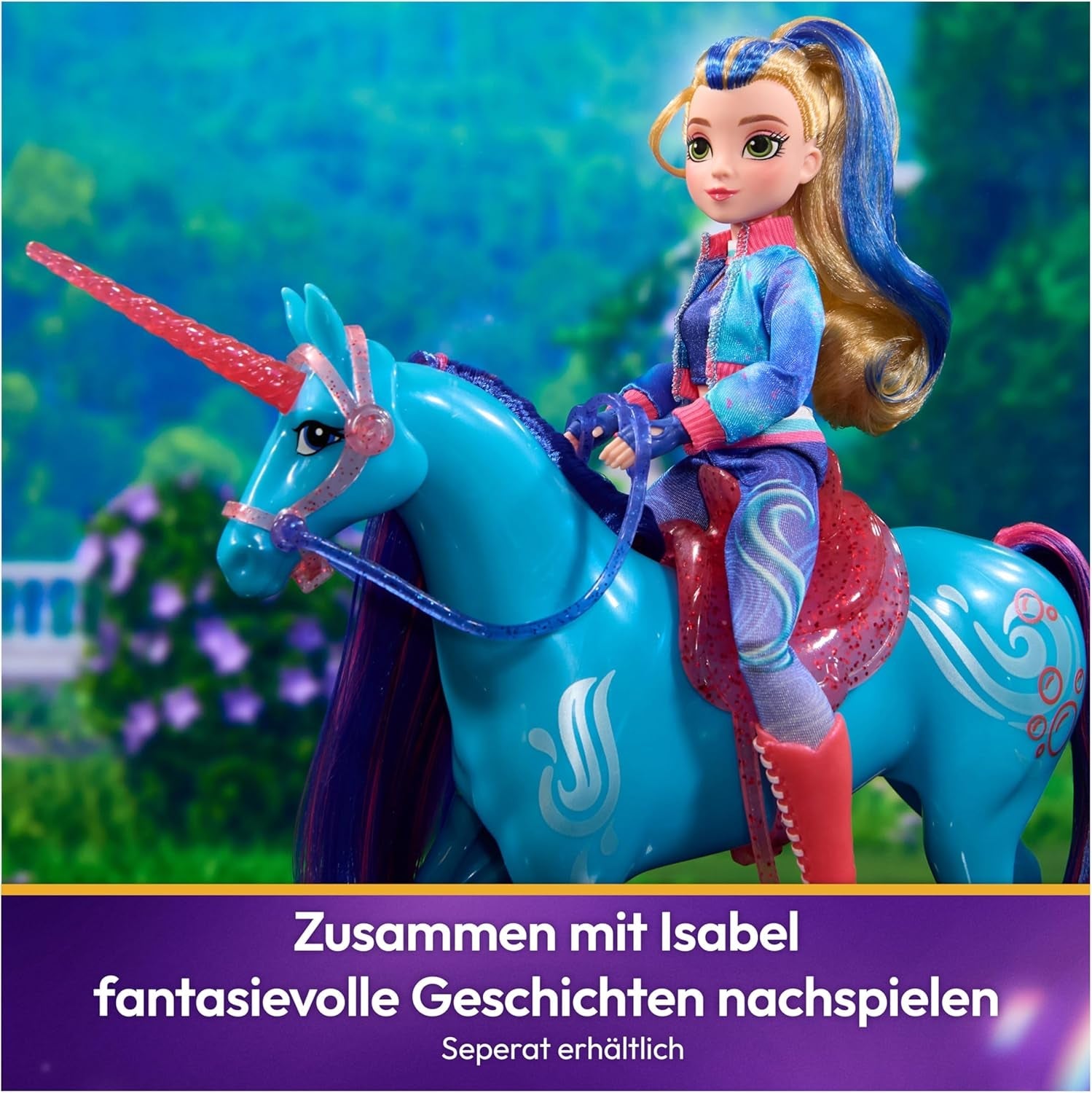 Unicorn River Unicorn Academy - Unicornio Isabel original de 28 cm de alto de la serie de Netflix, con melena y cola reales, brida, silla y cepillo extraíbles, para niños a partir de 4 años