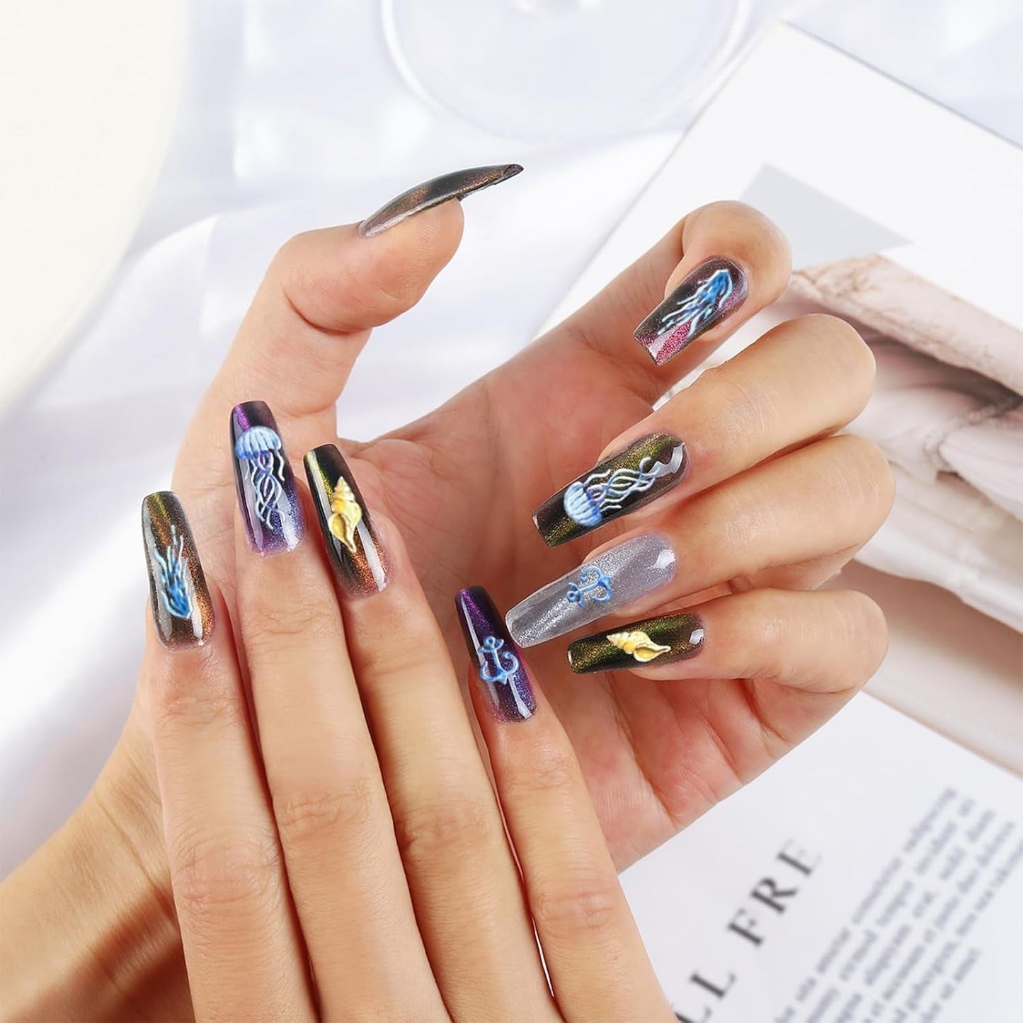 Pegatinas de uñas en relieve 5D, patrón de océano, dijes de uñas, pegatinas de uñas de verano de océano, conchas, animales marinos, lindas pegatinas de diseño de uñas, accesorios de diseño de uñas