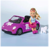 Simba 105731539 - Evi Love Beetle Evi's, Evi con coche, coche: 22 cm, con perro, muñeca de moda, 12 cm, para niños a partir de 3 años