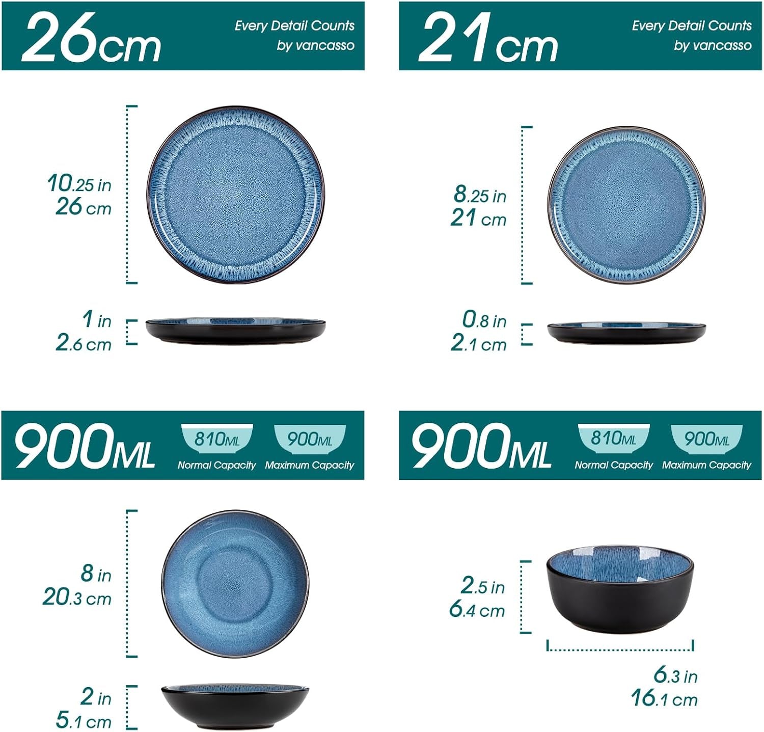 Vajilla para 6 personas Vancasso PLAYA Vajilla de porcelana para 6 personas de 24 piezas Azul Incluye platos, platos Suma, cuencos y ensaladeras Apto para lavavajillas y microondas