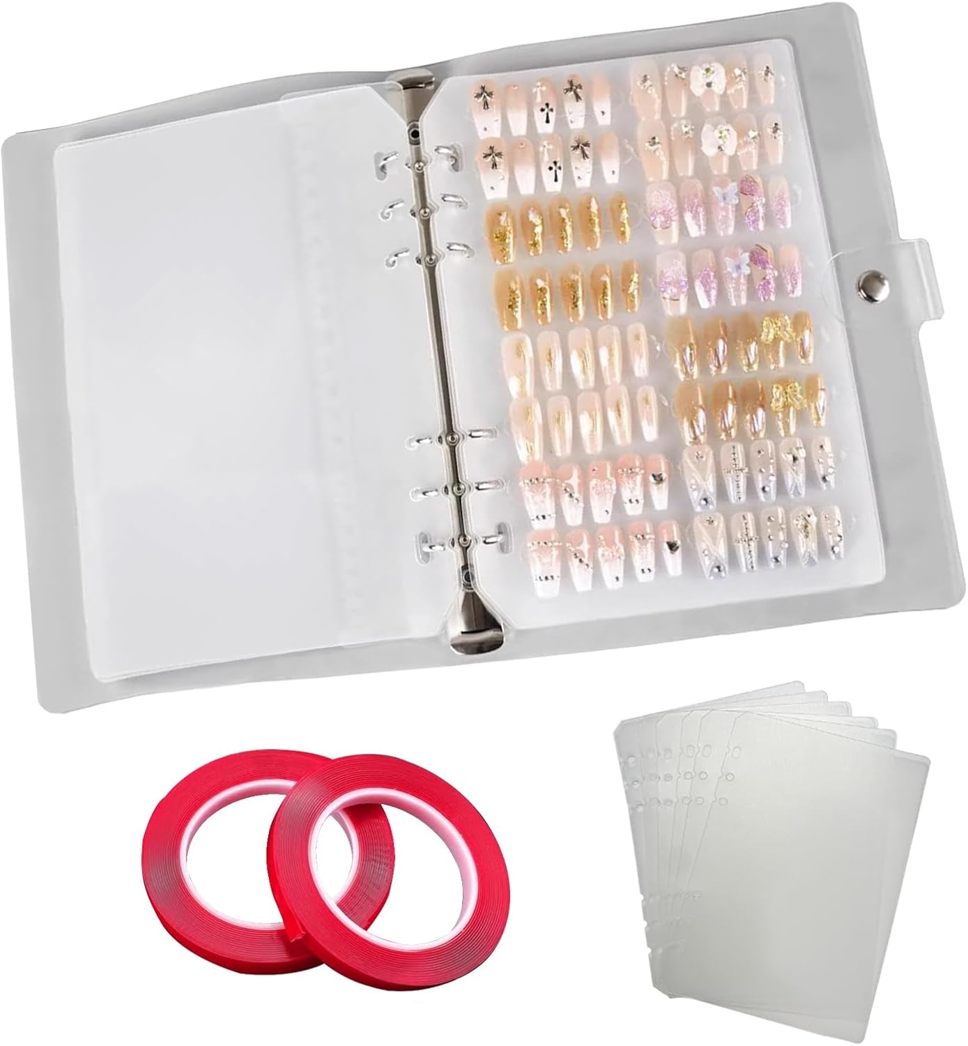Juego de organizador de uñas A5 con cierre de grapas y hojas extraíbles - Caja transparente resistente + 6 almohadillas adhesivas y libro de almacenamiento de uñas artificiales/adhesivo desmontable - Ideal para almacenamiento, presentación
