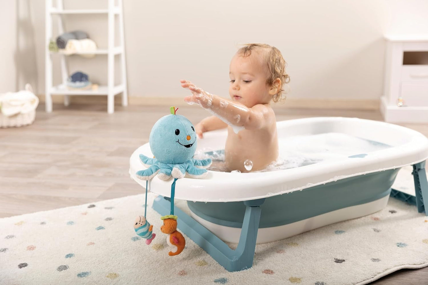Juguete de baño Octily 18x14cm incl. 3 figuras en caja de regalo 23,5x17x13,5cm azul - juguete con elementos de agarre - juguete de baño infantil para atrapar y jugar Baby Toys Naty Shop