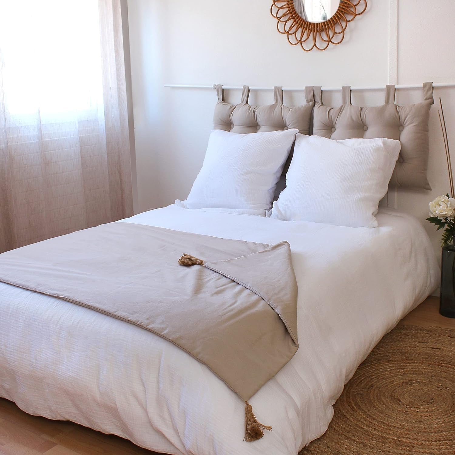 Manta Enjoy Home Beige Natural Con 4 Pompones De Yute 90 X 190 Cm 100% Algodón Certificado Oeko-Tex Colección Panamá Naty Shop Mantas y Edredones