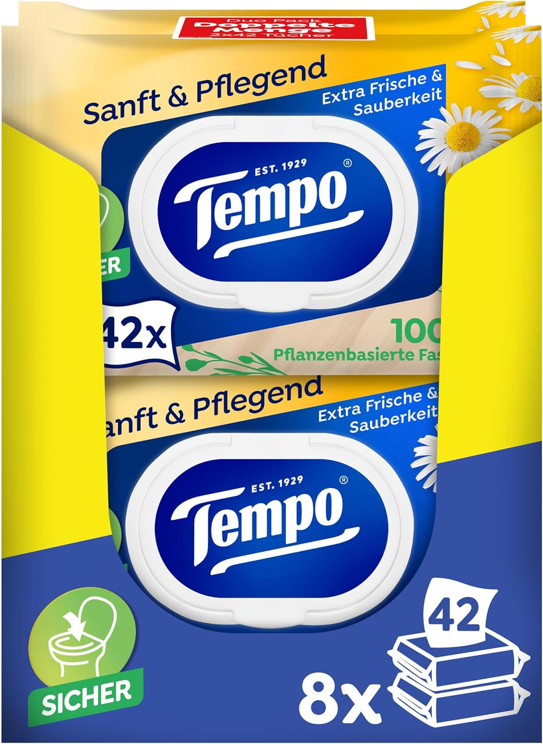 Toallitas Higiénicas Tempo "Gentle & Caring" - Megapack - 16 paquetes de 42 toallitas - Duo Packs - con manzanilla natural - papel higiénico, dermatológicamente testado y neutro al Ph de la piel