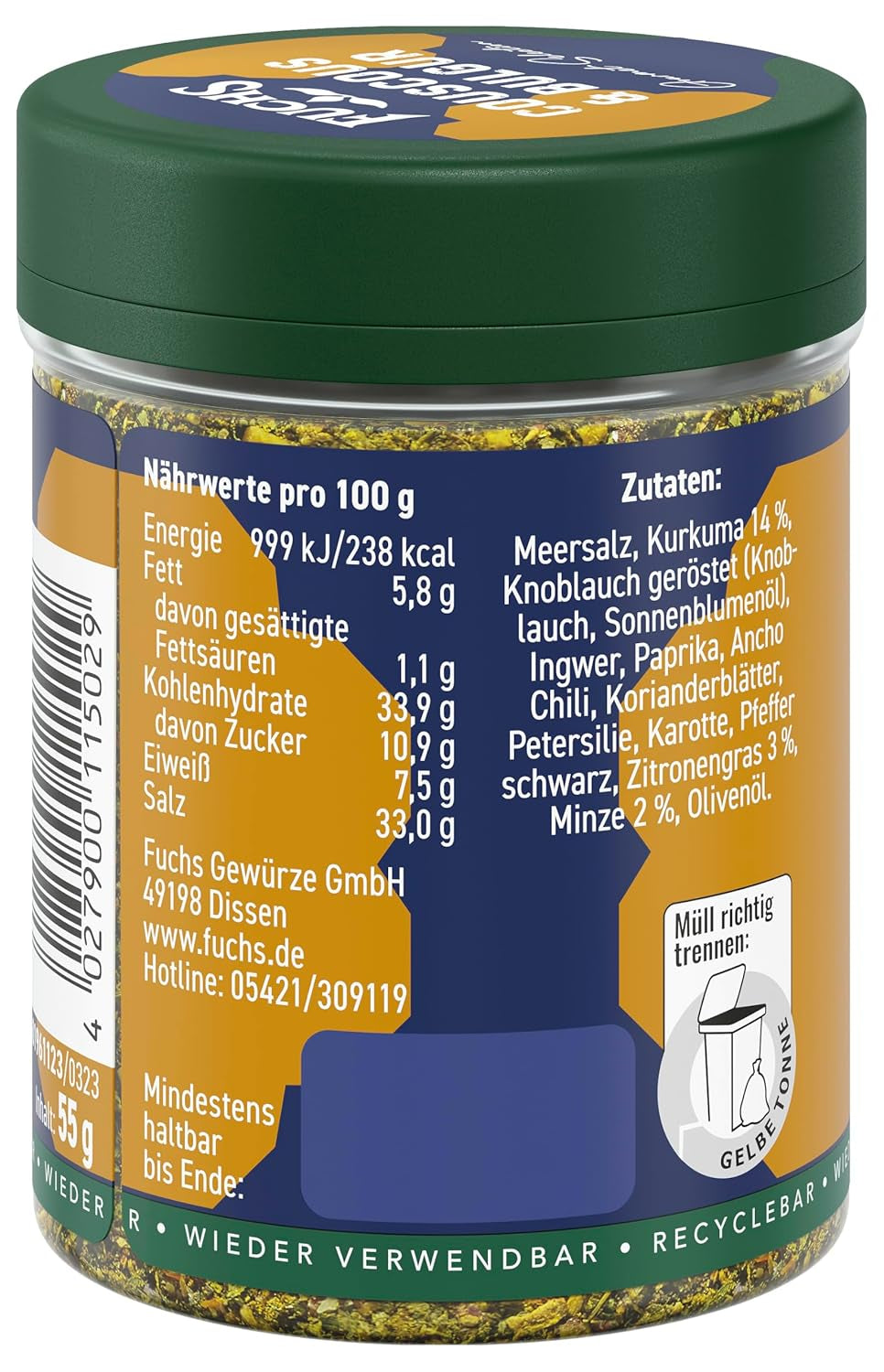 Fuchs Spices Gourmet Selection Medio Oriente/África - Mezcla de Especias para Cuscús y Bulgur Mezcla de Especias Recargable para Condimentar Platos de Bulgur Vegano 55g