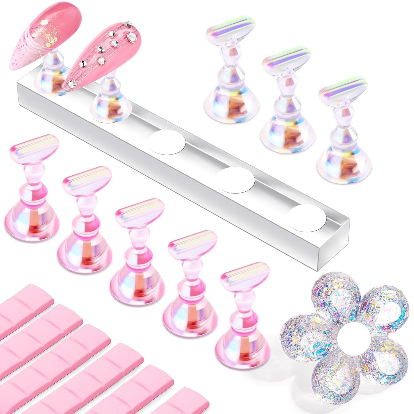 Makartt Soporte para uñas acrílico, soporte magnético para uñas, soporte para uñas, soporte para uñas transparente rosa con 48 masillas adhesivas