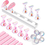 Makartt Soporte para uñas acrílico, soporte magnético para uñas, soporte para uñas, soporte para uñas transparente rosa con 48 masillas adhesivas
