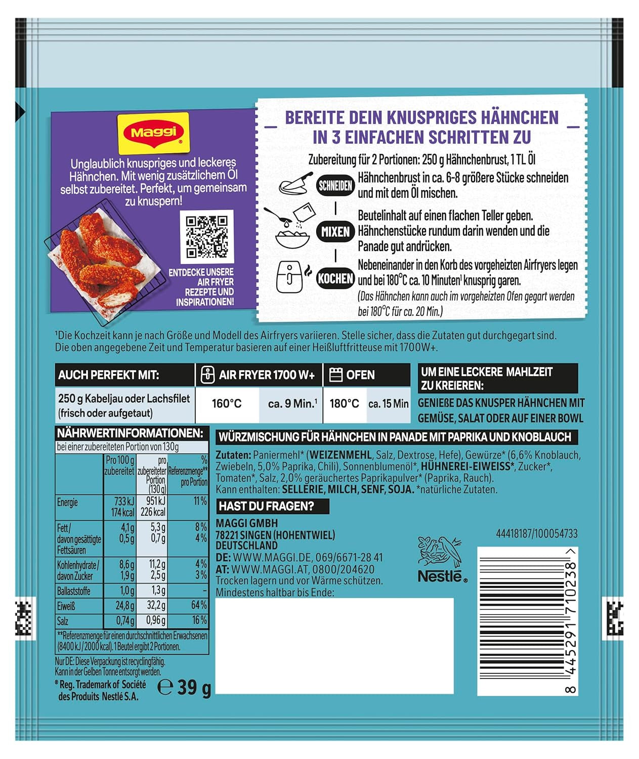MAGGI Airfryer Knusper Hähnchen - Paprika und Knoblauch, paquete 1 (1 x 39 g)