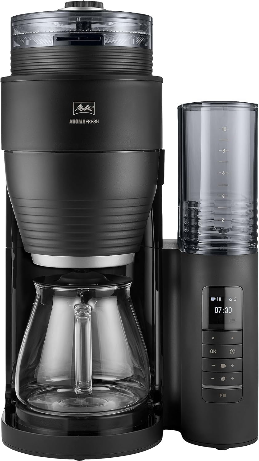Melitta AromaFresh Therm Pro X - Cafetera espresso con filtro, molinillo integrado, depósito de agua extraíble, jarra térmica de acero inoxidable y función de temporizador, para hasta 8 tazas de café, negro/plateado