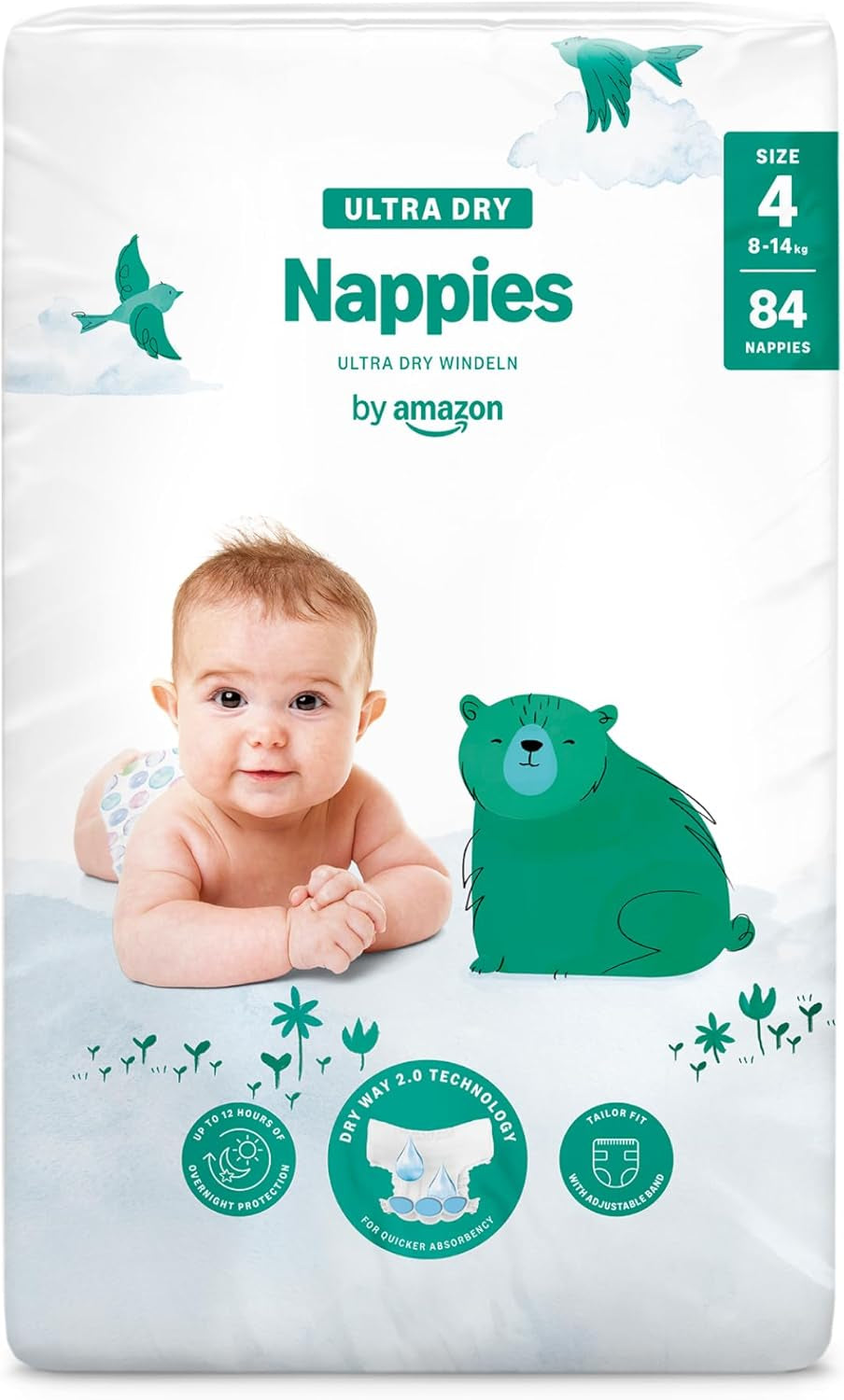 Pañales Amazon Ultra Dry, tamaño 3 (4-9 kg) - Caja mensual, blanco, 172 unidades (2 paquetes de 86) (anteriormente Mama Bear, producto idéntico)