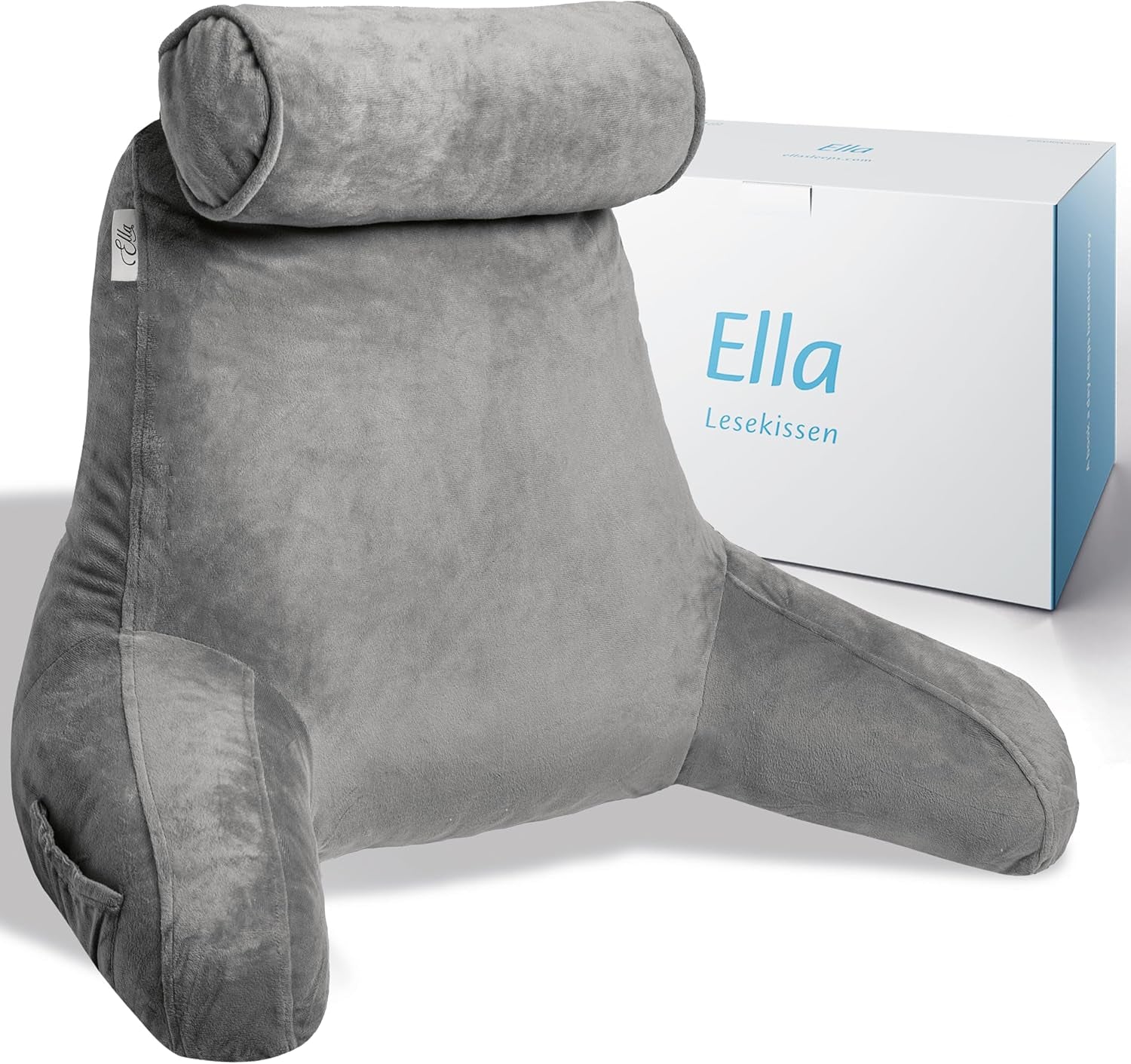 Ella Almohada de Lectura para Cama y Sofá con Rollo para el Cuello Desmontable - Almohada de Respaldo para Cama - Almohada de Lectura de Espuma Viscoelástica con Reposabrazos, Ideal para Leer, Ver TV, Relajarse o Como Respaldo - Gris