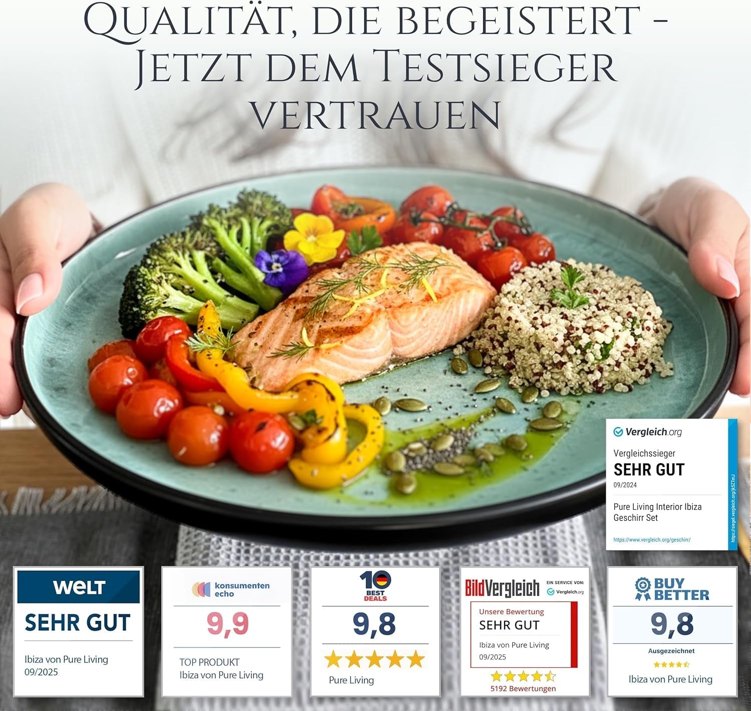 Vajilla para 6 personas de gres cerámico de 24 piezas, diseño Ibiza, GANADOR DE LA PRUEBA. Un precioso juego de vajilla mediterránea que incluye cuencos y platos. Juego de vajilla Pure Living, verde salvia.