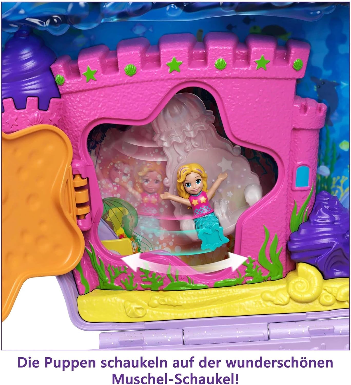 Polly Pocket Caja de almacenamiento Bolsa de conchas marinas con 2 muñecas y 1 submarino Juguete de sirena Polly Pocket a partir de 4 años GNH11