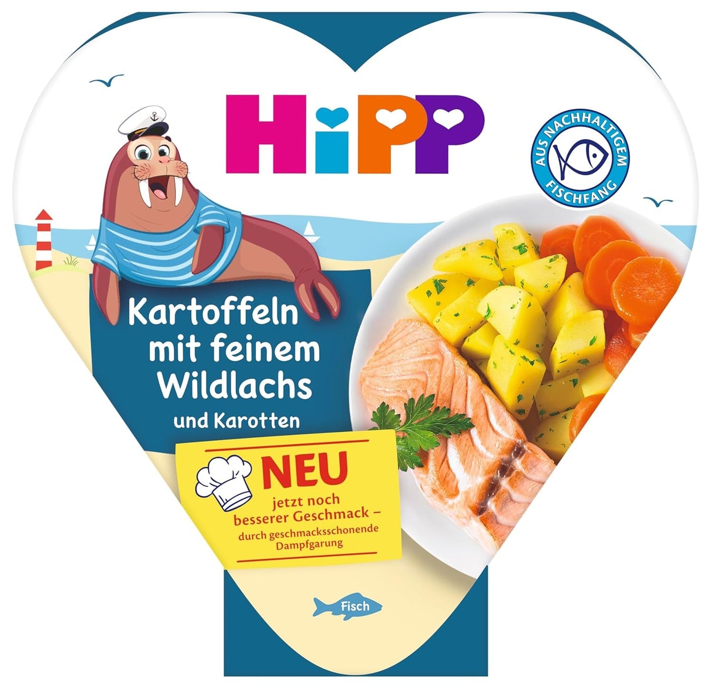 Patatas HiPP con fino salmón salvaje y zanahoria (6x250g), a partir de 1 año, ligeramente cocidas al vapor, condimentadas para niños, procedentes de pesca sostenible
