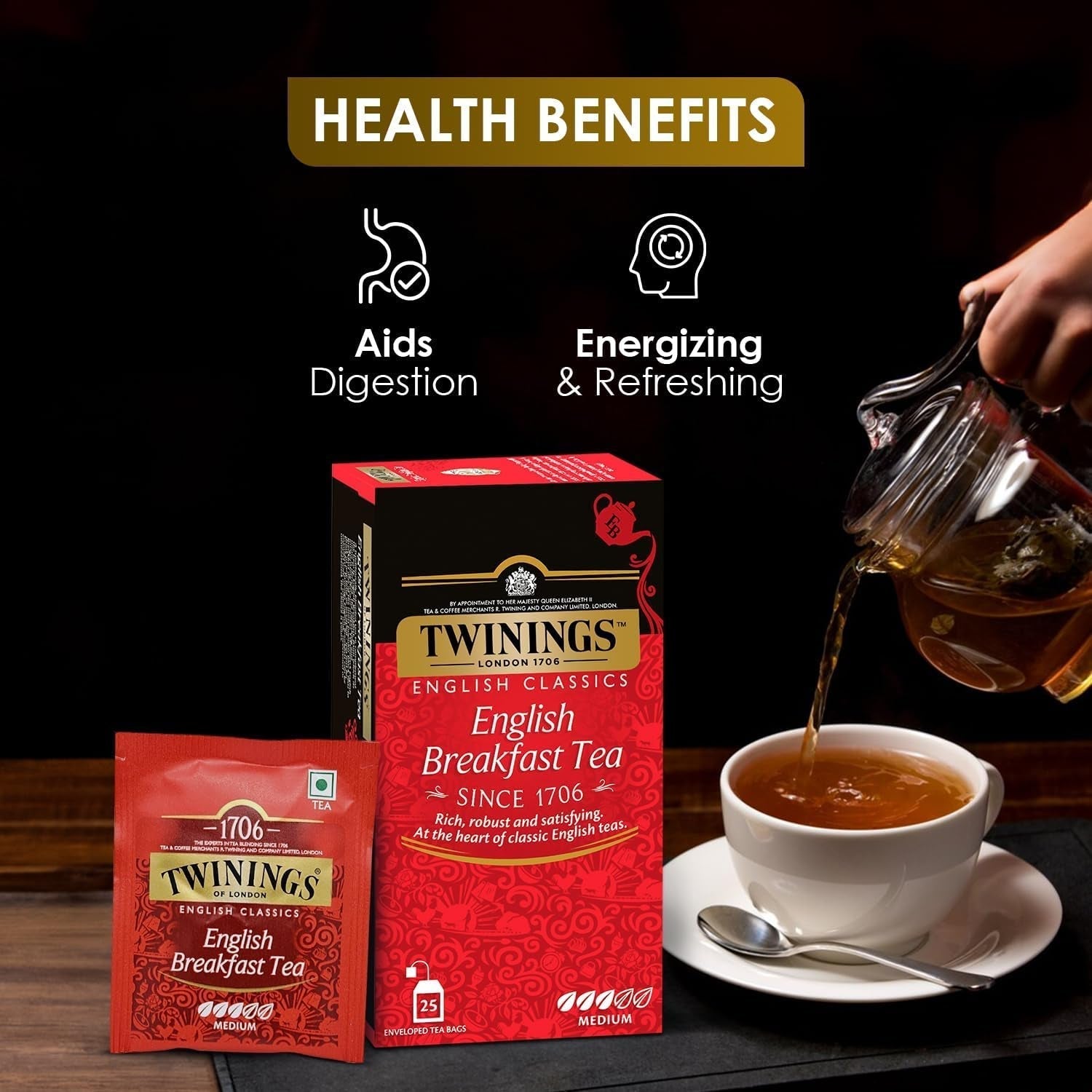 Twinings English Breakfast Black Tea 50g, 25 bolsitas de té, té negro completo, redondo y fuerte procedente de las mejores plantaciones de té de Sri Lanka y la India. Té negro Paquete de 1 (1 x 50 g)