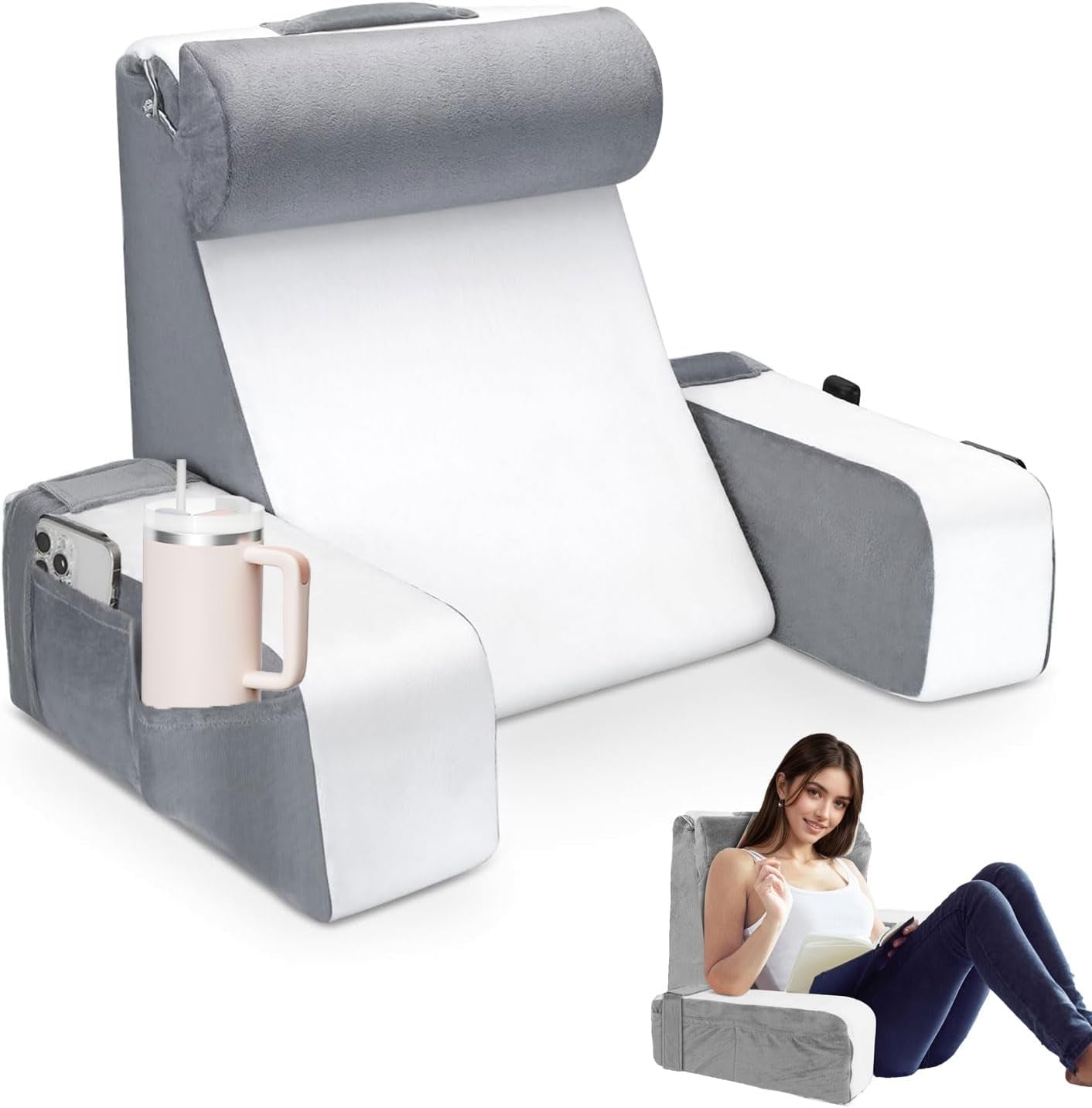 Almohada de lectura grande para cama y sofá, almohada de espalda para adultos con soporte para el cuello y reposabrazos, almohada de respaldo ergonómica con bolsillo y funda lavable para descansar, leer, mirar televisión (WH)