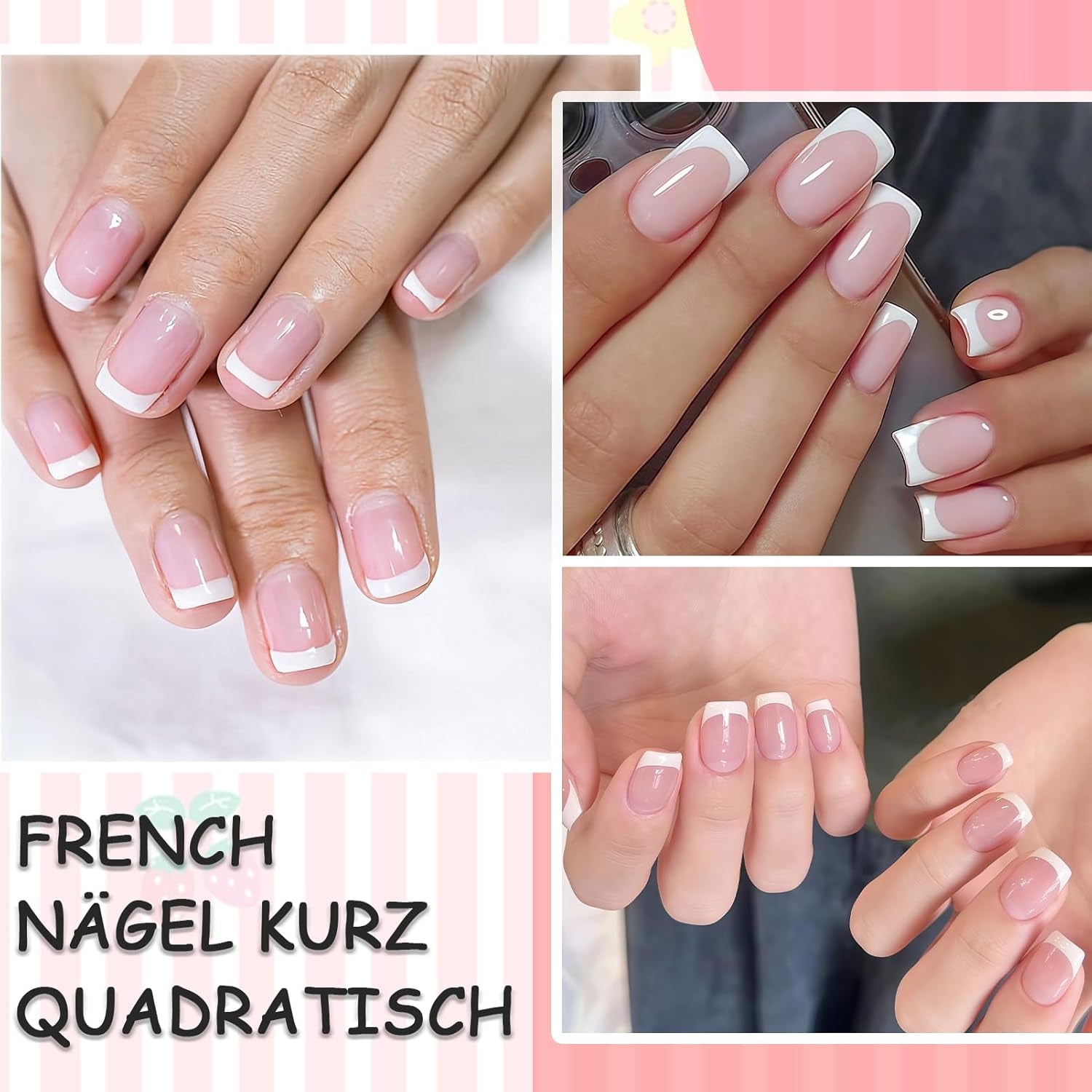 Uñas Francesas Autoadhesivas Rosa Claro - 32 Piezas Pegamento en Uñas Francesas - Uñas Postizas Cortas Cuadradas - Pegamento Transpirable en Uñas Artificiales - Uñas Postizas de Cobertura Completa para Mujer (Rosa Claro)