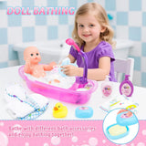 deAO Set de Bañera para Muñecas, Muñeca Interactiva de 33 cm, Baño para Muñecas, Set de Juego para Muñecas con Chupete, Ropa para Muñecas, Albornoz, Pañales para Muñecas, Bañera y Spray de Ducha Funcional