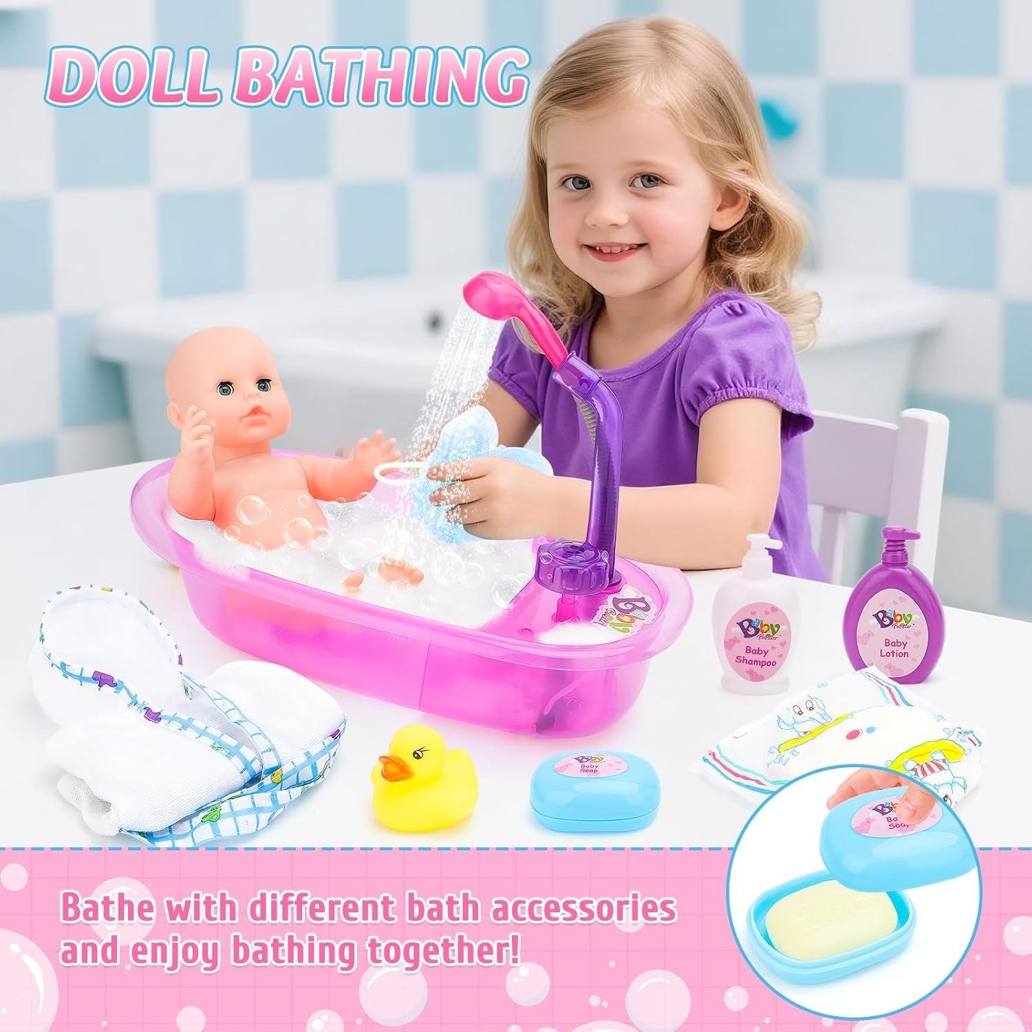 deAO Set de Bañera para Muñecas, Muñeca Interactiva de 33 cm, Baño para Muñecas, Set de Juego para Muñecas con Chupete, Ropa para Muñecas, Albornoz, Pañales para Muñecas, Bañera y Spray de Ducha Funcional