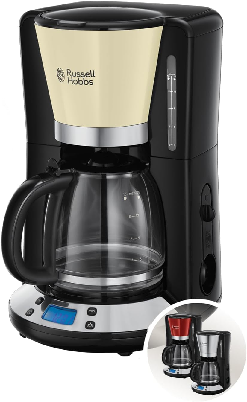 Cafetera Russell Hobbs [Temporizador digital, cabezal de ducha para una extracción y aroma óptimos] Colors+ Creme (1 a 10 tazas, jarra de vidrio de 1,25 L, placa calefactora, 1100 W) Cafetera de filtro 24033-56