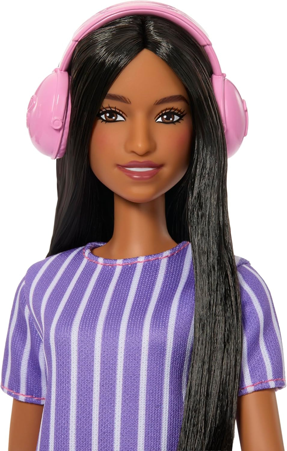 Muñeca Barbie Fashionistas núm. 245, muñeca autista con vestido de rayas moradas y accesorios como fidget spinner, tableta y auriculares, JJN58