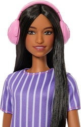 Muñeca Barbie Fashionistas núm. 245, muñeca autista con vestido de rayas moradas y accesorios como fidget spinner, tableta y auriculares, JJN58