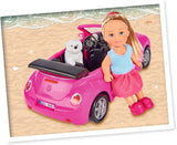 Simba 105731539 - Evi Love Beetle Evi's, Evi con coche, coche: 22 cm, con perro, muñeca de moda, 12 cm, para niños a partir de 3 años