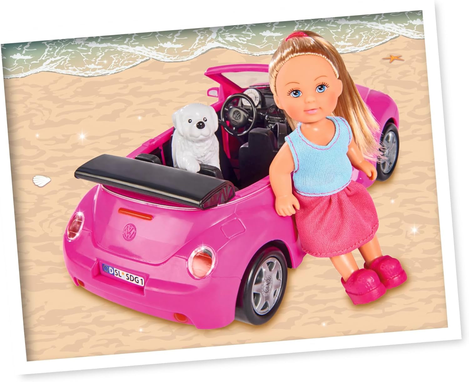 Simba 105731539 - Evi Love Beetle Evi's, Evi con coche, coche: 22 cm, con perro, muñeca de moda, 12 cm, para niños a partir de 3 años