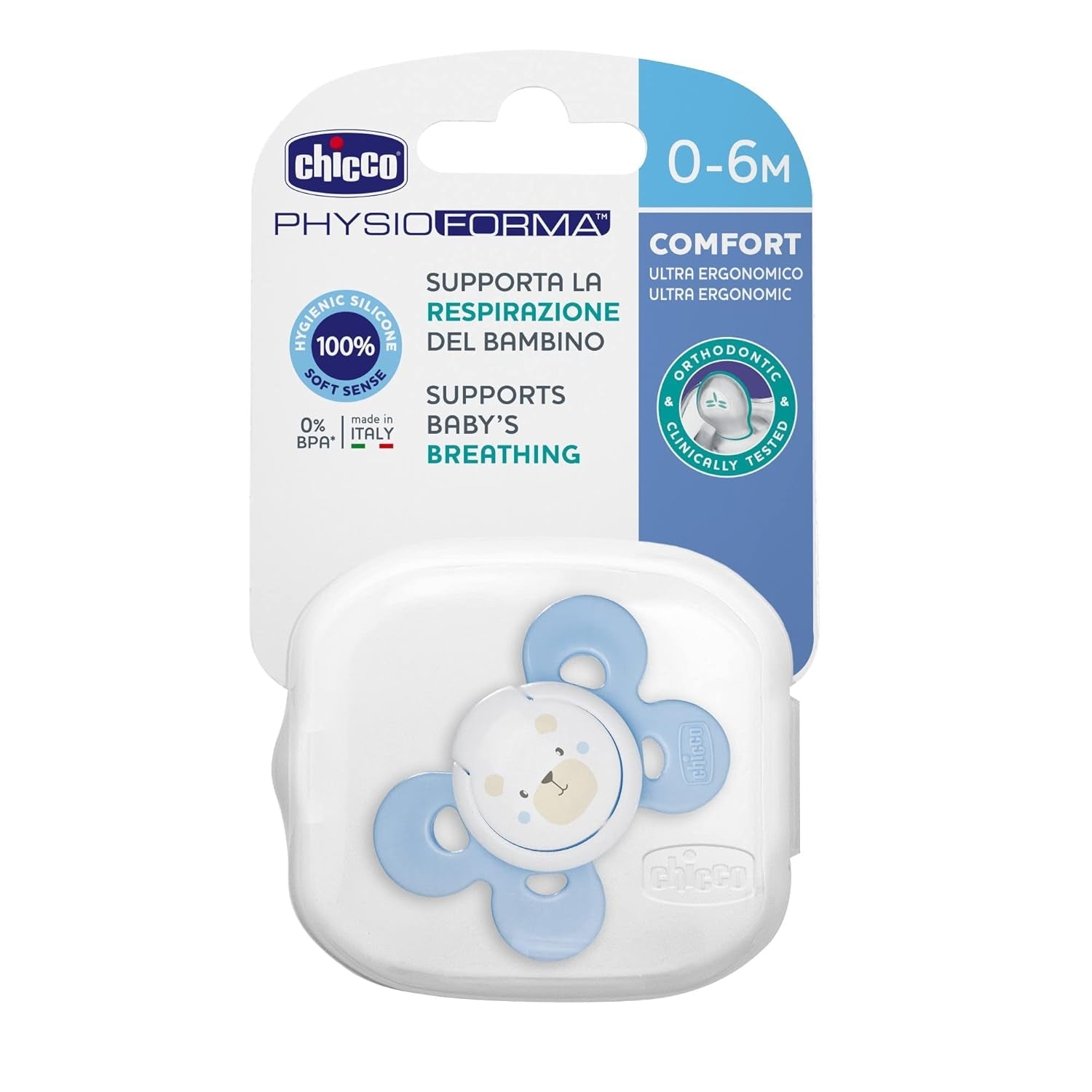 Chicco Chupete PhysioForma Comfort 16-36 Meses, Chupete para Bebé con Tetina de Silicona, 1 Pieza, Favorece la Respiración Fisiológica y el Desarrollo Bucal Correcto, Azul