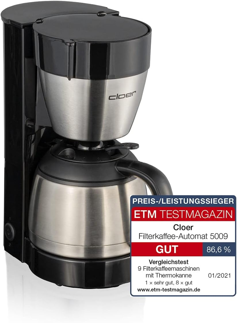 Cloer 5009 Cafetera espresso con filtro Keep Warm para hasta 8 tazas, 800 W, con jarra aislada de acero inoxidable, taza de filtro 1x4, color negro