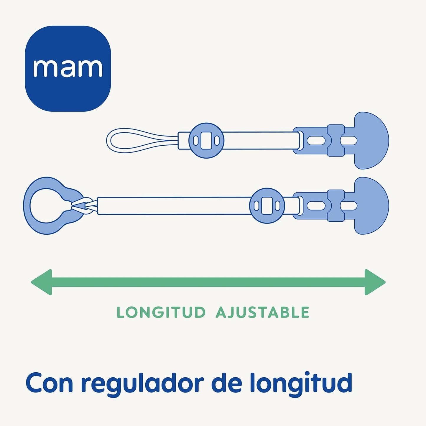 Chupete MAM, apto para todo tipo de chupetes, mordedores y juguetes, longitud ajustable, incluye cubretetina, lavable, azul, 1 pieza