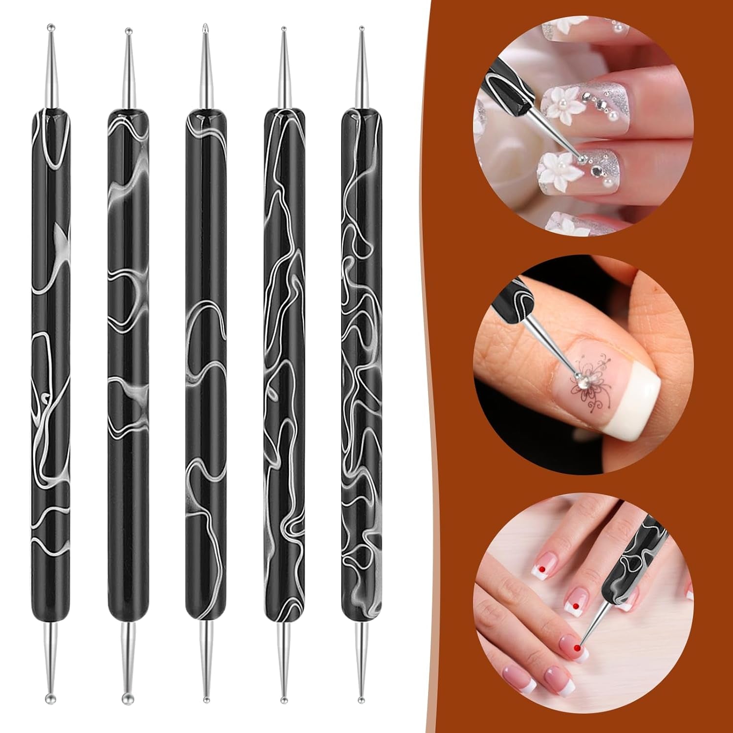 5 piezas Nail Design Dotting Tools Nagelkunst Werkzeug Nagelpunkt Pinsel Punktierung Stift Marbleizing Werkzeug Für Nagelack Maniküre, Schwarz