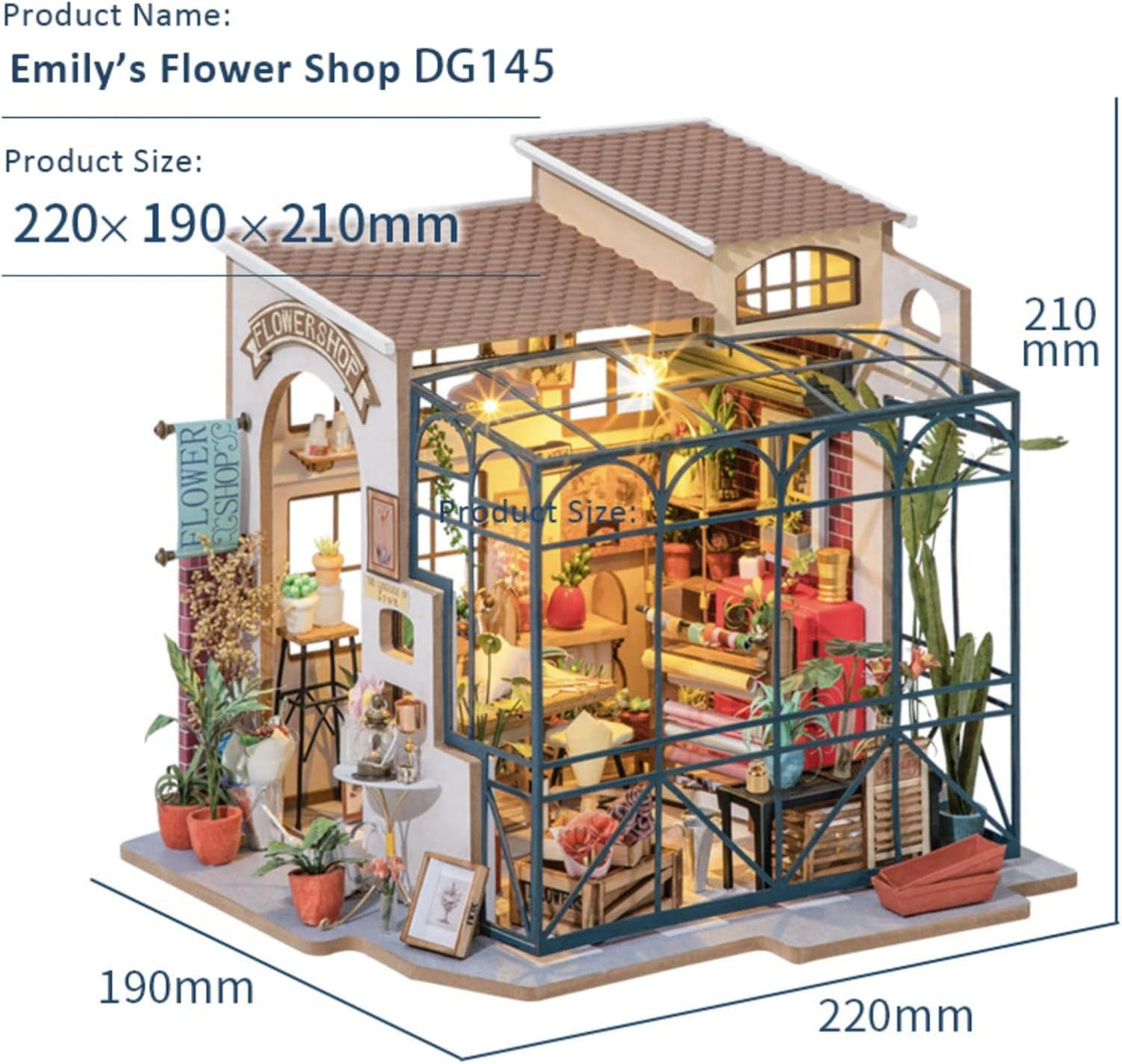 Robotime DG145 Rolife Emily's Flower Shop Casa de Muñecas en Miniatura Fabricada en madera, metal, tela y cartón, Dimensiones: 22 X 15 X 17 Cm, Naty Shop casas de muñecas