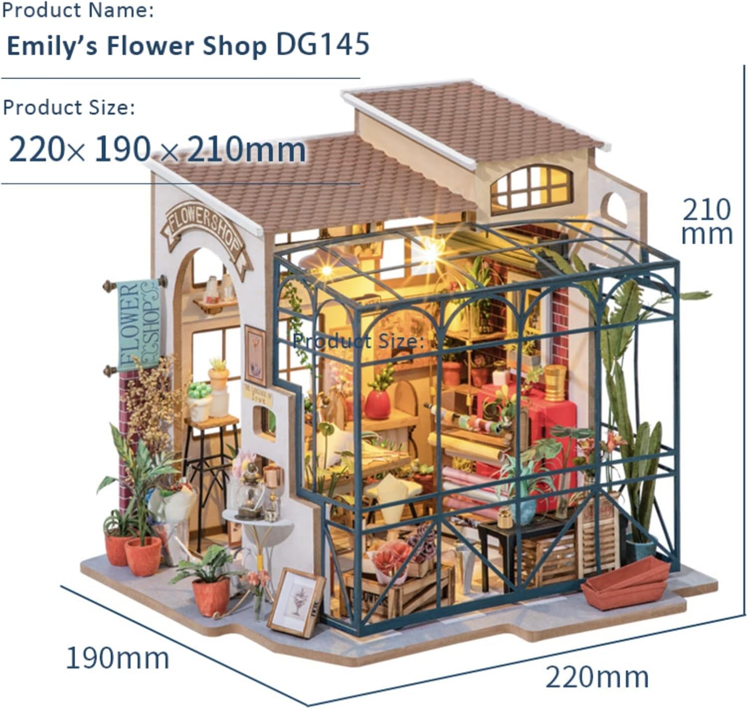 Robotime DG145 Rolife Emily's Flower Shop Casa de Muñecas en Miniatura Fabricada en madera, metal, tela y cartón, Dimensiones: 22 X 15 X 17 Cm, Naty Shop casas de muñecas