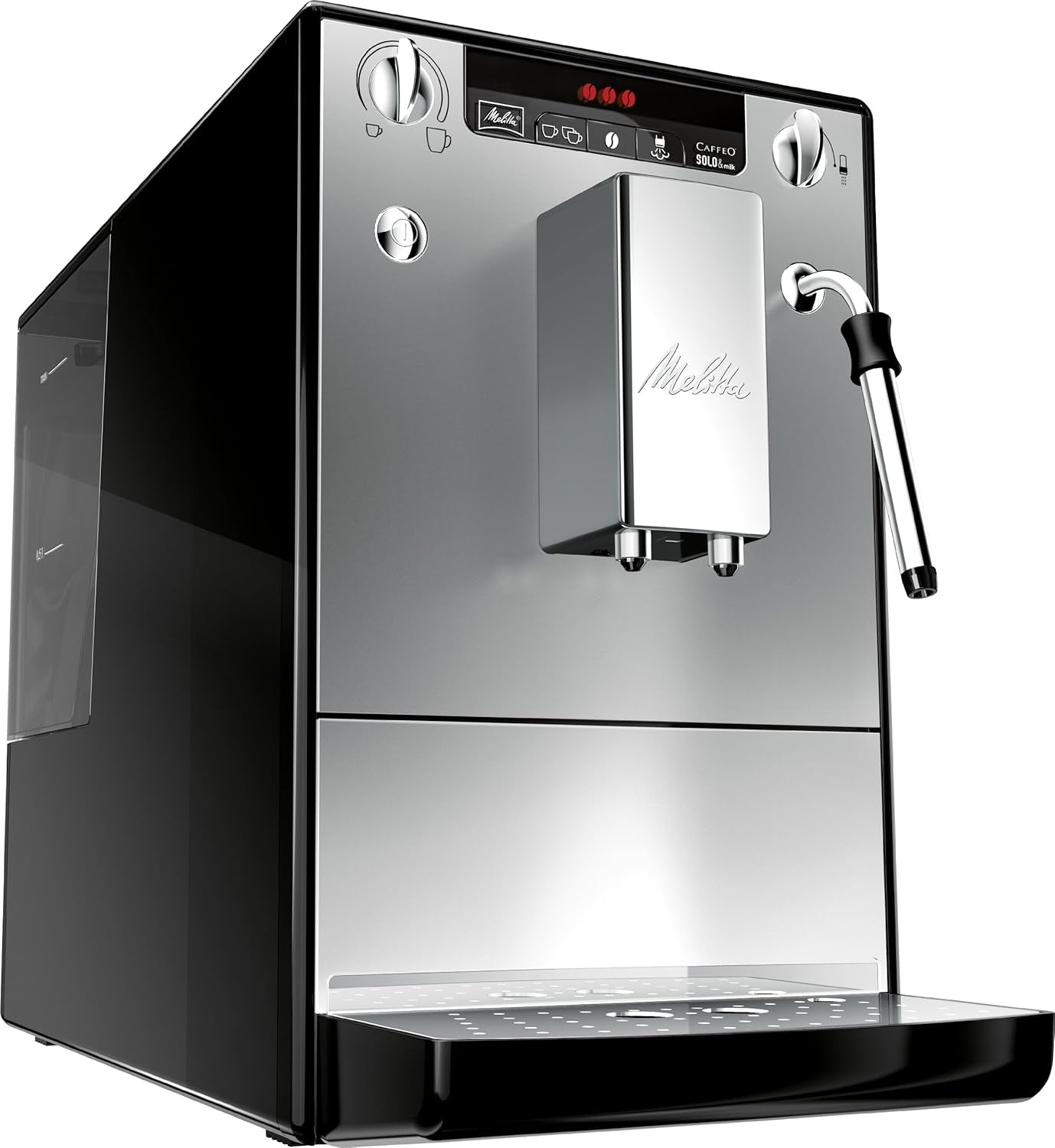 Melitta Solo & Milk: cafetera delgada totalmente automática con espumador de leche, cafetera con depósito de agua extraíble, p. café o capuchino, plata