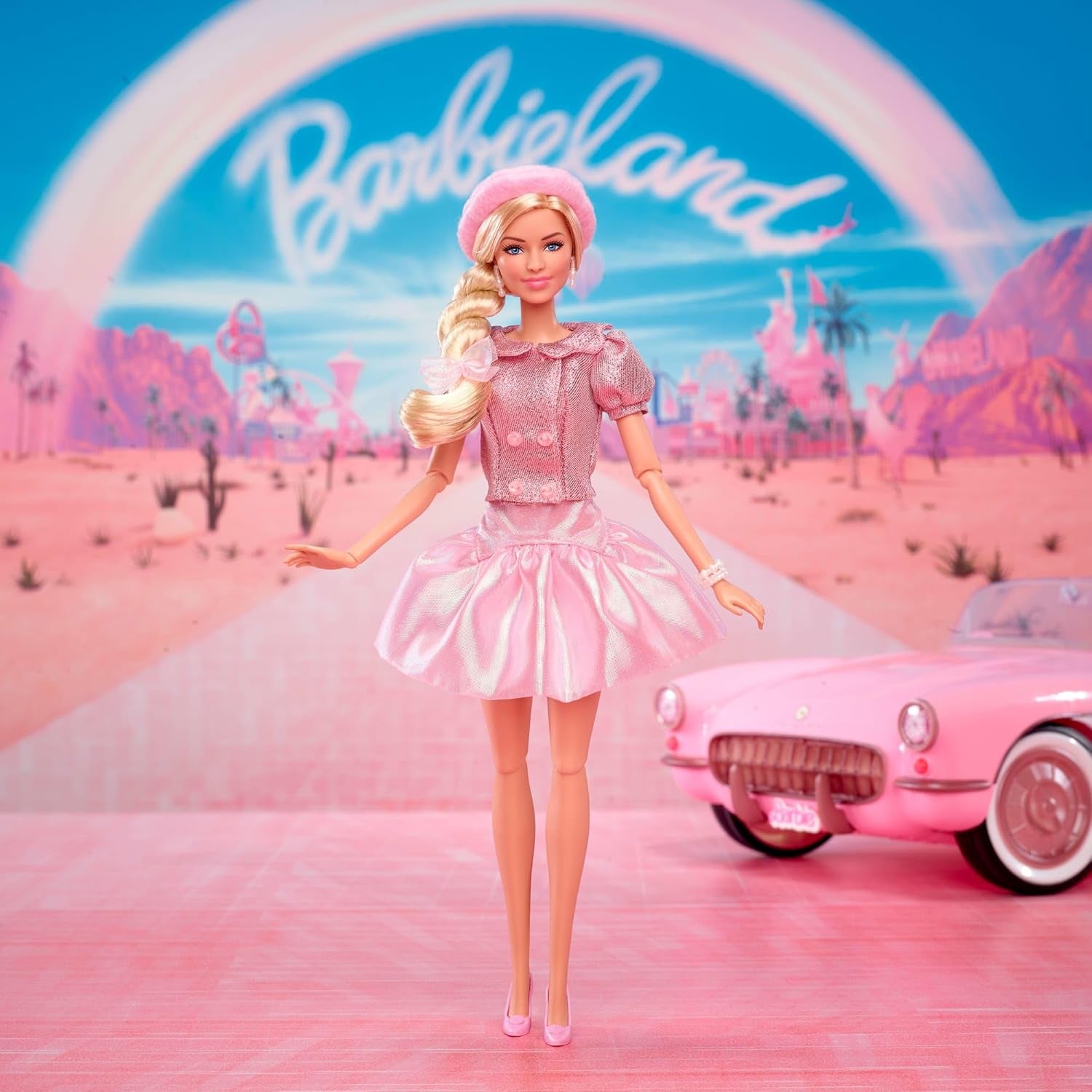 Barbie La película basada en la película Margot Robbie como figura coleccionable de Barbie con blusa rosa y falda de tul con peinado estilizado y joyas a juego JBJ53