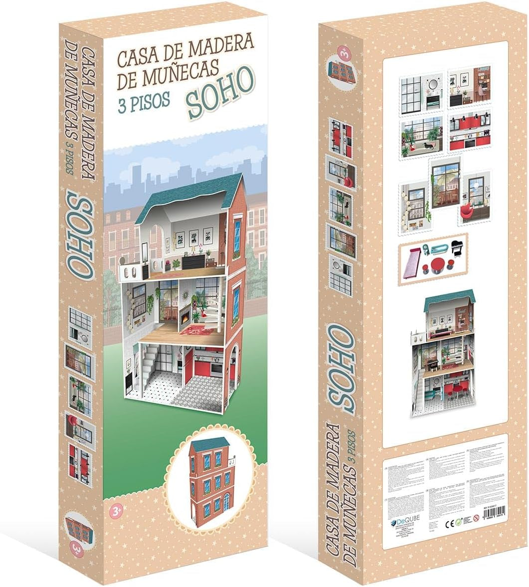 Casa de muñecas diseño Soho-Madera de 3 plantas con 8 muebles, dimensiones 120 x 33 x 75 cm (913D00181)
