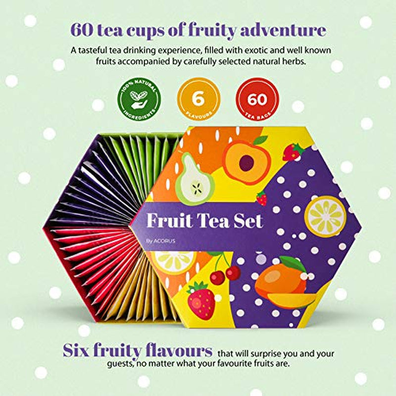 ACORO | Juego de té de frutas de lujo | Set de regalo con tés naturales en 6 sabores | Infusiones, infusiones de frutas | Surtido de tés | Caja de té con 60 bolsitas de té.