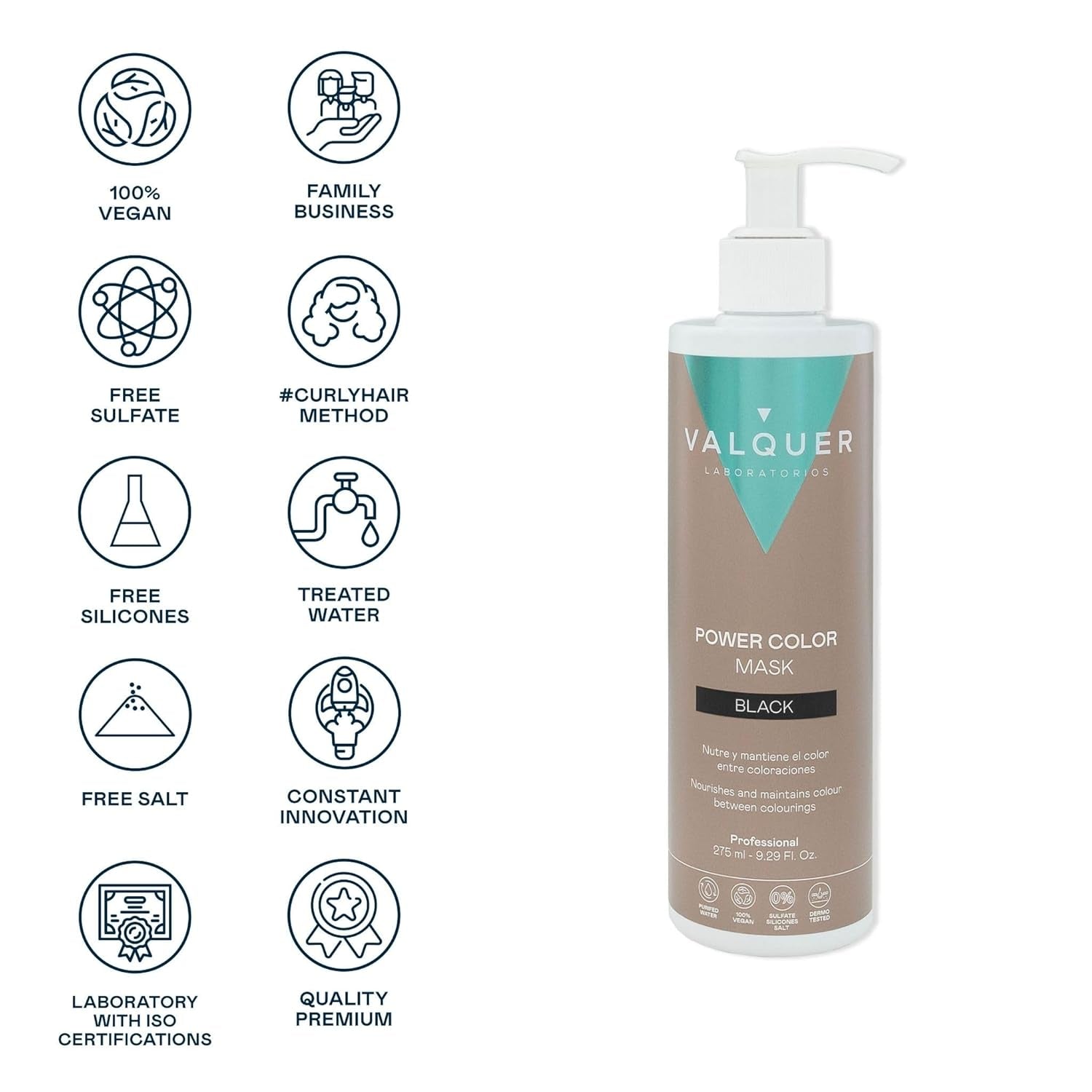 Valquer Power Color Mask formulación vegana y sin siliconas Da color al cabello 290 ml negro Mascarilla capilar Naty Shop
