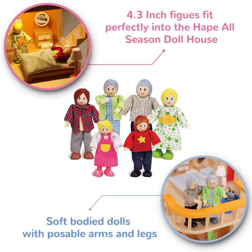 Familia de muñecas Hape Juego familiar de muñecas galardonado Accesorio único de casa de muñecas de madera Juego fantástico 6 miembros de la familia de muñecas Naty Shop Dolls