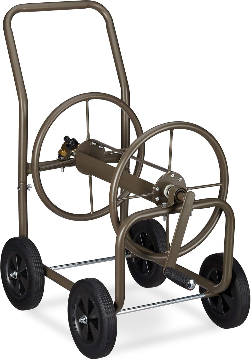 Relaxdays Carro portamanguera XL, enrollador de manguera móvil, metal, para manguera de 60 m, 4 ruedas, con manivela, giro de 90°, marrón