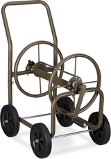 Relaxdays Carro portamanguera XL, enrollador de manguera móvil, metal, para manguera de 60 m, 4 ruedas, con manivela, giro de 90°, marrón